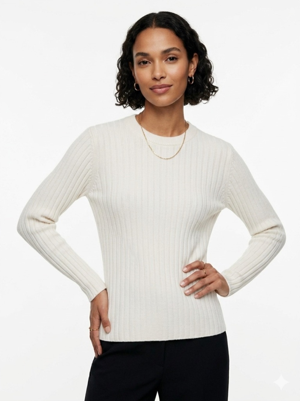 ZARA Cream Ribbed Crewneck Knit Long‎ Sleeve Textured Sweater Womens MD